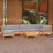 Garden Lounge Set Outdoor Patio Furniture: Solid Pinewood, Grey Cushions, Bench, Seating, Table & Chairs - 8 Piece Sets for Lawn, Deck & Balcony