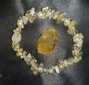Gold Rutilated Quartz Crystal Chip Stretch Bracelet & Citrine Stone, Reiki!