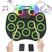 Portable Electric Drum Kit, Foldable Drum Pad Kit with Build-in Stereo Speakers, Foot Pedals, Drum Sticks, 9 Pads Silicone Electronic Drum Set for Kids Adult Beginner