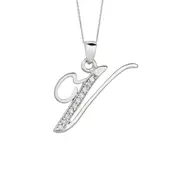 Sterling Silver Rhodium Plated Script Initial Letter V With Diamonds On 18 Inch Chain ( 0.05 Tcw)