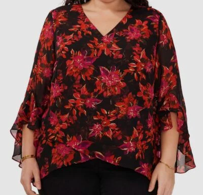 Vince Camuto Womens' Black Floral-Print Flutter-Sleeve V-Neck Tunic Plus Size 3X