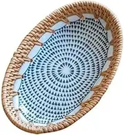 Fruit and Produce Storage Basket Rattan Oval Storage Box Handmade Rattan Porcelain Combination Fruit Snack Dried Fruit Storage Tray Suitable for Kitchen Counters (Color : B)