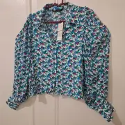 Zara Womens Medium Cottagecore Peasant Boxy Baloon Sleeve Green Blue Shirt Top