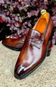 Handmade men brown leather tuxedo moccasin, Office dress leather slip on shoes