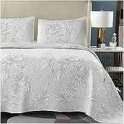 Cotton Quilt Set Queen King White Mountain Lotus Leaf Pattern 3-Piece Bedspread Coverlet Set Cozy Lightweight Bedding Cover for All Season(270x234cm+51x71cm x2)