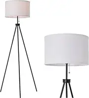 WFPOWER Modern Tripod Floor Lamp, with 9W LED Bulb 3 Color Temperature Adjust, Metal Stand Fabric Lampshade Pull Chain Switch Easy Install for Living Room, Bedroom (Black LightStand - White LampShade)