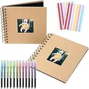 2 Pack Scrapbook Photo Album, 230gsm Black Square Scrap Book with Colored Pencil and Corner Sticker - Ideal for Kids Adullts Baby Scrapbooking Arts Crafts Travel Adventure Couples DIY