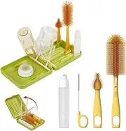 Travel Bottle Cleaner Kit with Extendable Liquid Silicone Bottle Brush, Nipple Brush, Straw Brush, Soap Dispenser, Drying Rack and Organizer Box, BPA Free - Green