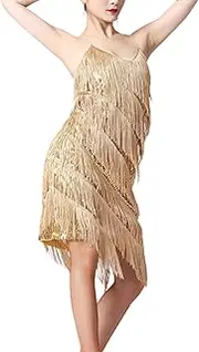 [yuksok] Women Sequin Tassel Dress V Neck Flapper Dress for Rumba Ballroom Party, Gold, XL