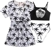 [COOLOYA] Girl's 3 Piece Set Coconut Tree Print Bikini Sets Bathing Suit