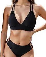 [Wisebom] Women's Bikini Set, V Neck Crossover Push Up Bikini Top & High Waist Bikini Bottoms, Sexy Two Piece Swimsuit