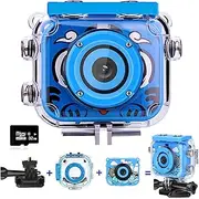 Kids Camera, Underwater Waterproof Digital Camera Kids Gifts for Boys Girls Age 3-13 HD Mini Children Camcorder 2 Inch IPS Screen with 32GB Card (Blue)