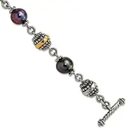 [JewelryWeb] 925 Sterling Silver Polished Toggle Closure Artisan Oxidized With 14k 7.5 8mm Freshwater Cultured Cult Black Pearl 8inch Bracelet Link-Bracelet for Women