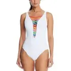 NWT Bleu Rod Beattie Swimsuit Womens 12 White Plunge Laceup OnePiece Rainbow