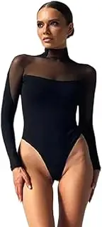 [Generic] Women's Elegant Mock Neck Mesh Long sleeve Bodycon Bodysuit leotard Top