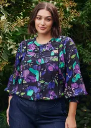 [Virtuelle] Taking Shape Natural Etched Floral Button Top Size 20 in Print, Viscose - Plus Size Women's Clothing Print