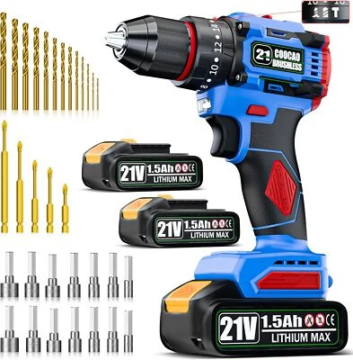 COOCAO 21V Cordless Drill, Brushless Drill Set with 2 Batteries and Charger