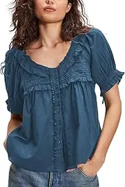 [Yiulangde] Women Boho Lace Ruffle Trim Shirt Cute Sheer Button Down Peasant Blouse Beachy Flowy Short Sleeve Chiffon Crop Tops