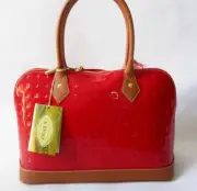 Arcadia Italian Bugatti Red Patent Leather & Tan Trim HandBag #3614 NWT