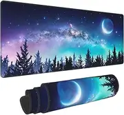 Galaxy Moon Forest Gaming Mouse Pad, Extended Large Mouse Mat Desk Pad, Stitched Edges Mousepad, 3mm Thick Long Non-Slip Rubber Base Mice Pad, 31.5 X 11.8 Inch