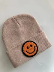 New Kids Smiley Face Knitted Beanie Tan & Orange Boys & Girls Winter Hat