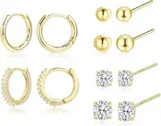 [ALEXCRAFT] Earring Sets for Multiple Piercing | 14K Gold Plated Studs Earrings and Hoops Set Hypoallergenic Small Hoop CZ Ball Studs Earrings for Women Girls（6 Pairs）