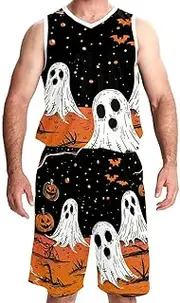 [KQNZT] Basketball Jersey and Shorts, Jersey Shorts Outfit Set, Men's Lightweight Rec Tanks, Halloween Pumpkin Spider Web Cartoon