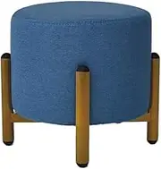 Wooden Upholstered Stool, Round Stool for Living Room, Bedroom, Stool with Removable Linen Cover, Low Stool, 28 x 28 x 28 cm-Blue