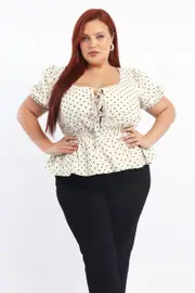 Beige Polka Dot Tie Front Peplum Top Linen Blend