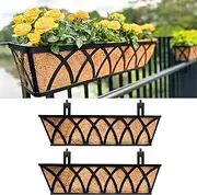LaLaGreen Deck Railing Planter Boxes (2 Pack, 30") Wall Hanging Planters for Outdoor Plants, Black Metal Rectangular Window Flower Box with Coco Liner, Horse Trough Rail Fence Porch Patio Garden Decor