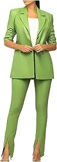 [hlysgo] Women's 2 Piece Casual Outfits PU Leather Blazer Jackets High Waisted Split Pants Slim Work Pants Business Suit Set