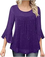 [Generic] Sequin Tops for Women Sparkly Ruffle 3/4 Sleeve Elegant Shirts, Crew Neck Double Layers Mesh Tunic Tops