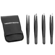 – Professional Tweezer Set [Black] – Stainless Steel Slant & Pointed Tips for...