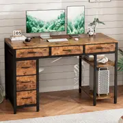 ApexSpace 120CM Computer Desk with 6 Drawers, Gaming Desk with Reversible Storage Shelves Rustic Brown