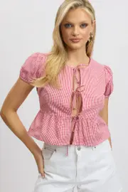 Red Check Tie Front Top Puff Sleeve - Size 8XS, Women's Bolero