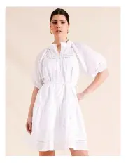 [Piper] Ladder Lace Short Sleeve Ramie Mini Dress in White