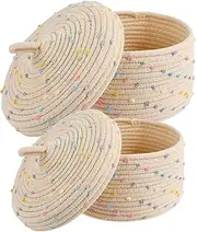 2 Pcs Round Basket with Lid, Large Storage Basket with Lid, Cotton Rope Storage Basket Decorative Woven Storage Baskets Multifunctional Lidded Round Basket for Organizing Snacks Yarns (Chroma)