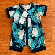 Bonds Rodney Rhino Leaves Green Blue Navy Zip Romper Wondersuit Size 000 BNWT