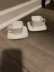 Pair Of Crate and Barrel Espresso Cups Saucers Sets Square Bia Cordon Bleu White