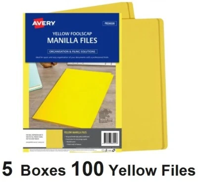Avery 81542 Manilla Folders Yellow Foolscap F/C 186gsm 100 Files x 5 Bulk Deal
