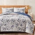 3Pieces Microfiber Quilt Set Botanical Blue Leaves on Light Gray Reversible Desi
