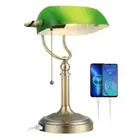 USB Fast Charger Banker Desk Lamp Pull Chain Switch Green Glass Shade Brass Base