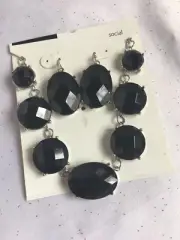 New GNW Faceted Black Acrylic Beads And Silvertone 16” Necklace Set
