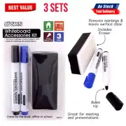 3x Whiteboard Markers Black & Blue + Eraser Set Whiteboard Essentials NEW