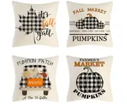 JunChang P82 4PCS 45x45cm Thanksgiving Retro Check Pattern Linen Pillowcase Holiday Home Decoration Pillow Case Sofa Cushion Cover