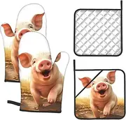 4 pcs Oven Mitts and Pot Holders Set 500°F Heat Resistant Oven Gloves and Hot Pads Kitchen Mittens Smiling Cooking Gloves Potholders for Baking Grilling