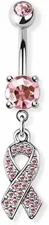 [Pierced Owl] 14GA 316L Stainless Steel CZ Crystal Pink Breast Cancer Awareness Ribbon Dangling Belly Button Ring, Metal, cubic zirconia