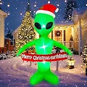 6 FT Christmas Inflatables Alien With Merry Christmas Earthlings Banner - LED Lighted Xmas Blow Up Yard Decorations for Party Indoor Outdoor Garden Decor