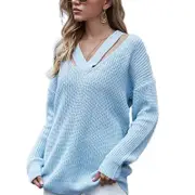 Nevenka Womens V Neck Sweaters Hollow Out Knit Pullover-Blue