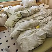 AOJIM Kids Adults Duvet Cover Set with Green Simple Lines Pattern, Soft Comfy 100% Cotton Comforter Cover Set 3pcs, 1 AB Sided Quilt Cover Full Size and 2 Matching Pillowcases for Room Decor, No Quilt